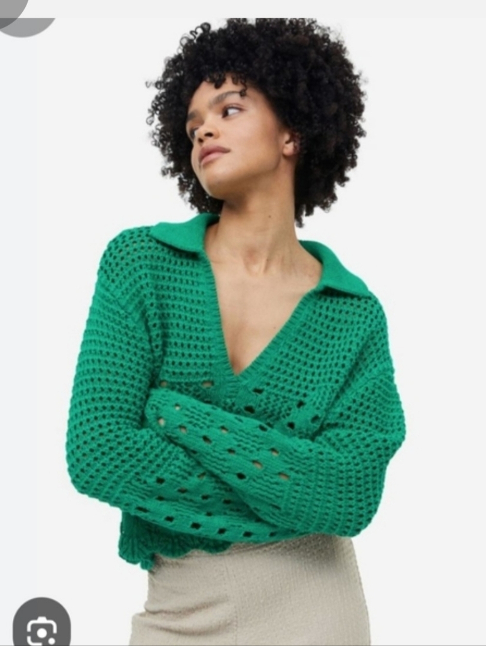 H&M Open-Knit V-Neck Sweater with Collar in Emerald Green Sz S